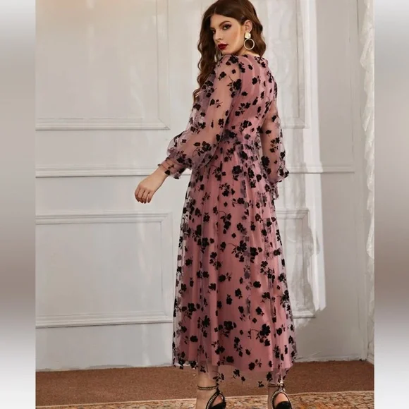 🆕 SHEIN-Floral Mesh Belted Surplice Front Dress - Picture 5 of 6